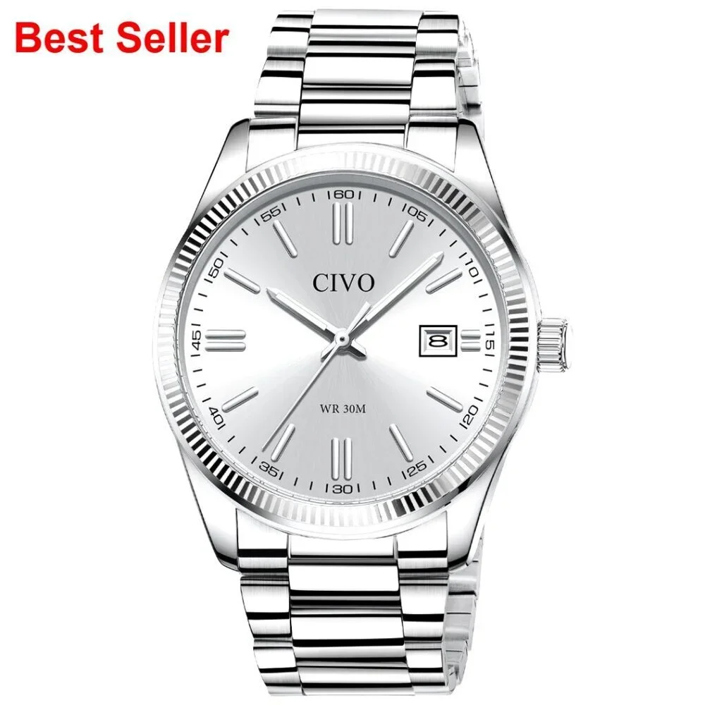 Stainless Steel Analog Watch with Date Display and Luminous Hands